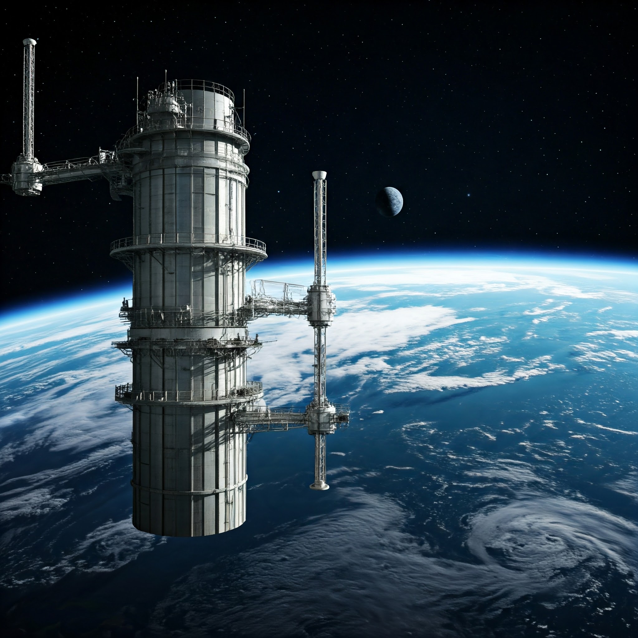 a tower in space with earth in the background
